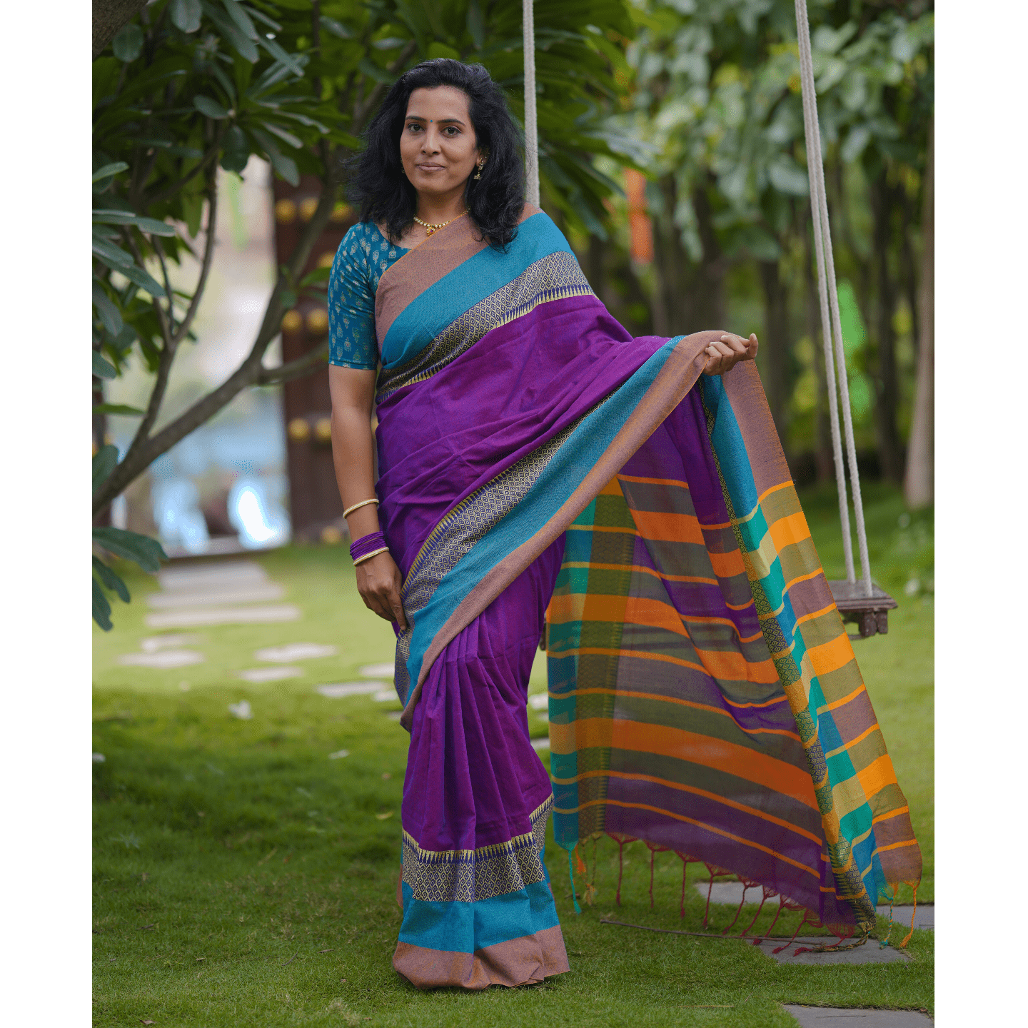 High quality purple cotton handloom saree with golden border