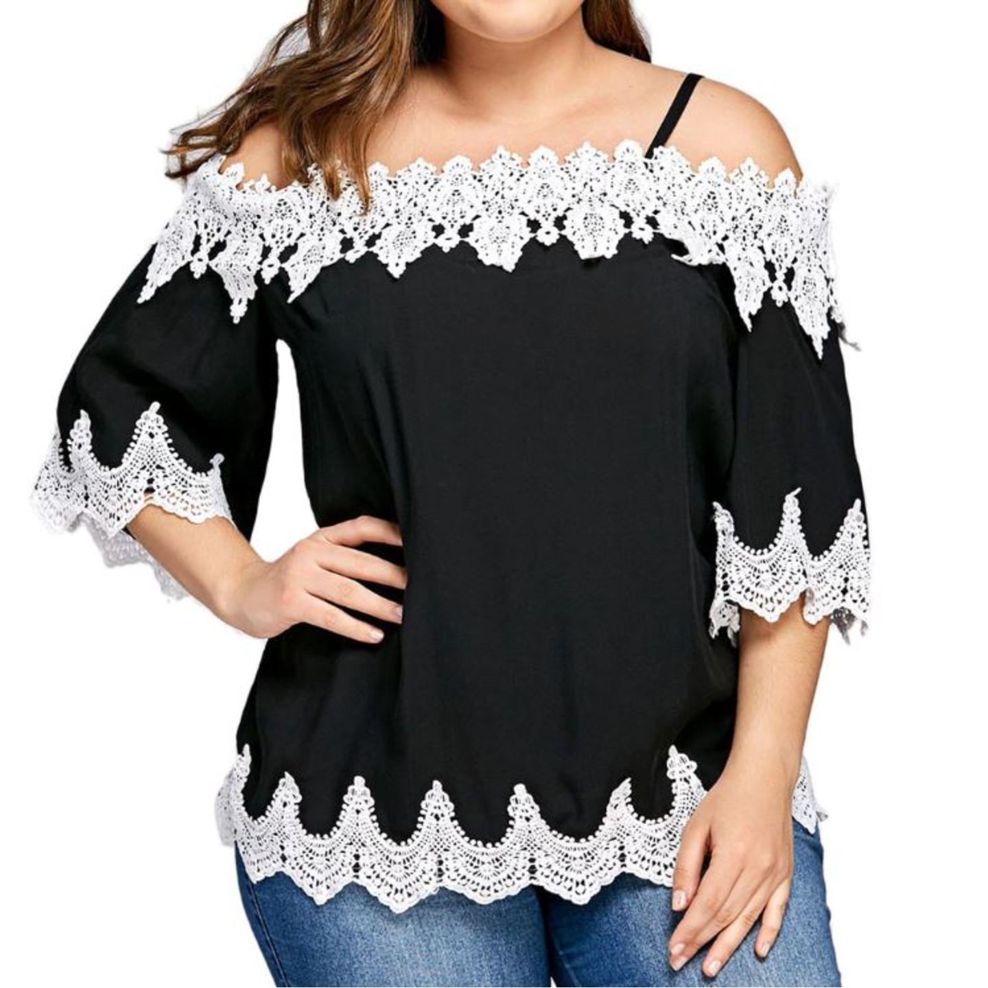 Off Shoulder Strap Floral Embroidery Tunic Blouse 