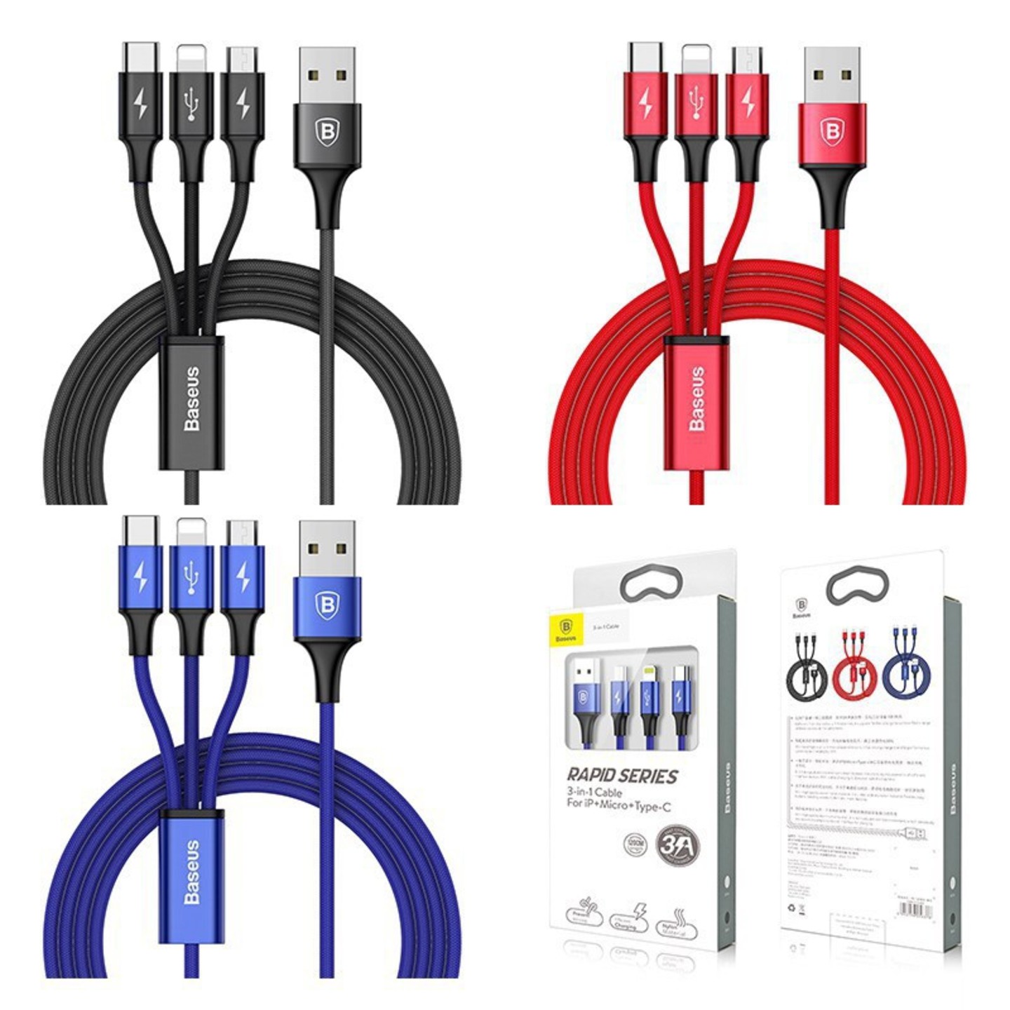 Baseus Rapid Series 3-in-1 Cable Micro+Lightning+Type-C 3A 1.2M 