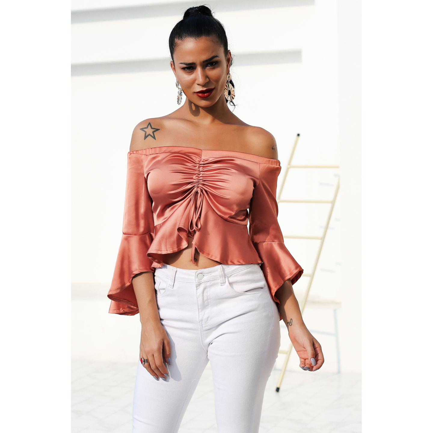 Drawstring ruffle off shoulder blouse shirt Women sexy flare sleeve party crop top
