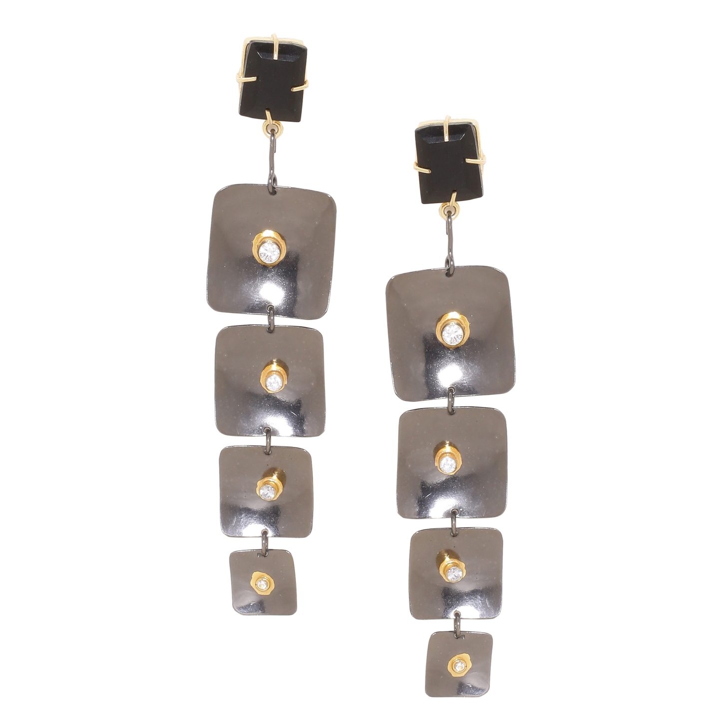 Black n Gold-Toned Geometric Drop Earrings