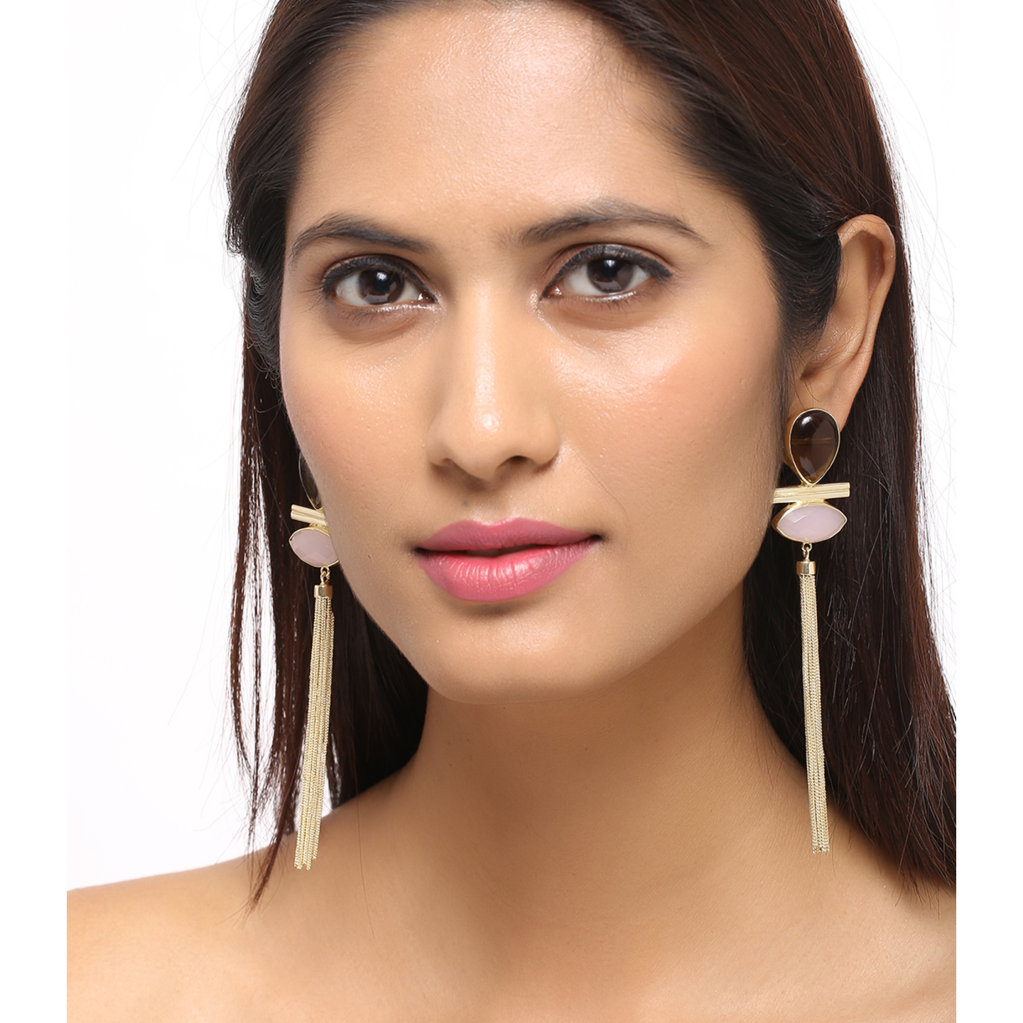 Gold-Plated pink and Brown stone Contemporary Handcrafted long Drop tassel Earrings