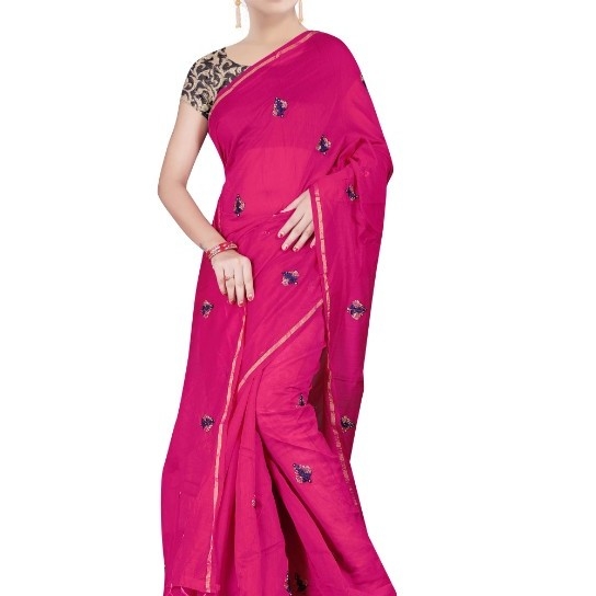 Womens Chanderi Cotton Embroidery Work Saree with Blouse Piece