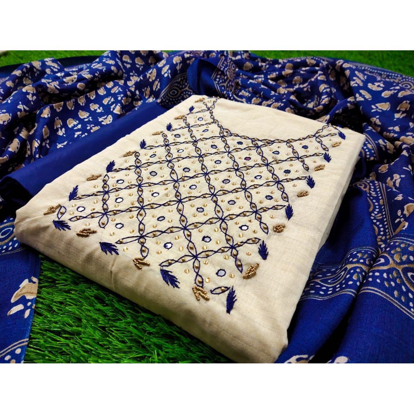 Beige Blue Embroidery Dress Material With Printed Dupatta