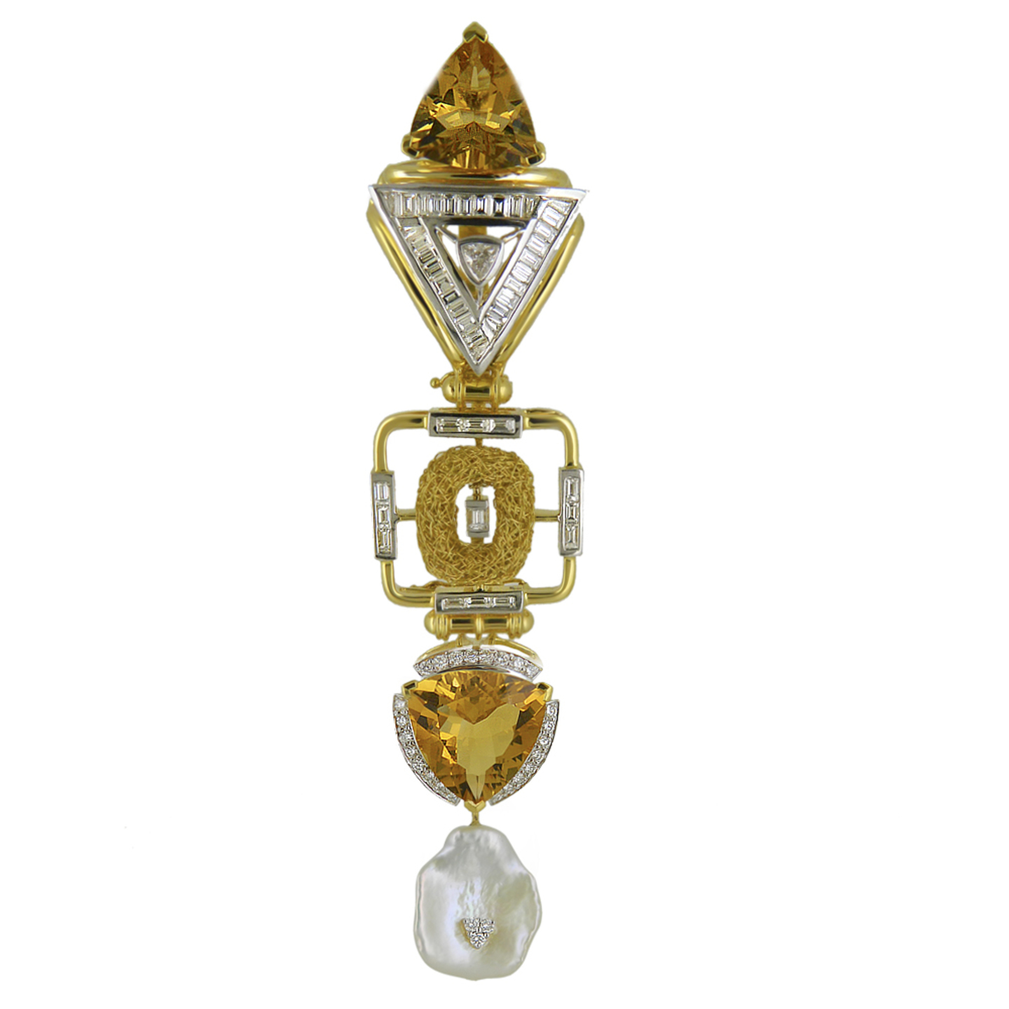 A citrine diamond geometric inspired pendant and earrings, boasting of multifunctional wearability
