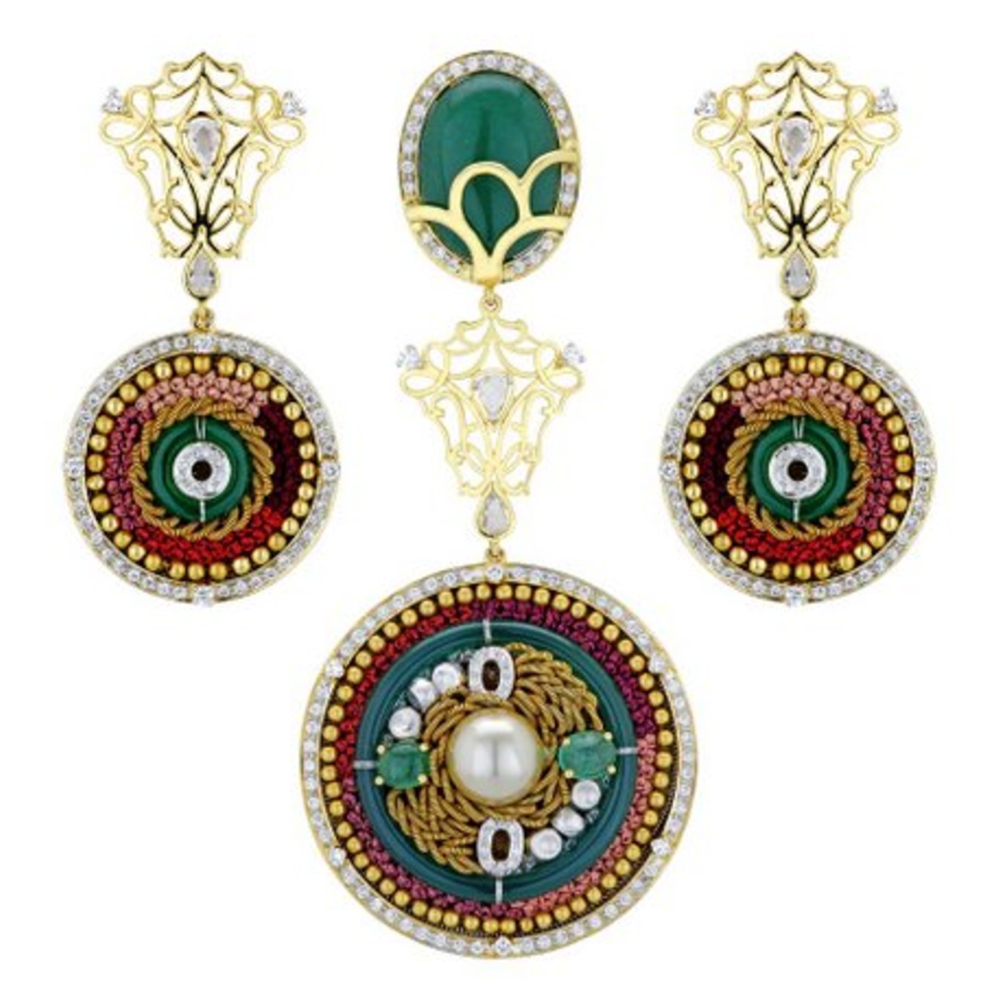 Opulent embroidery inspired traditional green red combination, pendant sets in gold ,embellished with diamonds and gemstones.