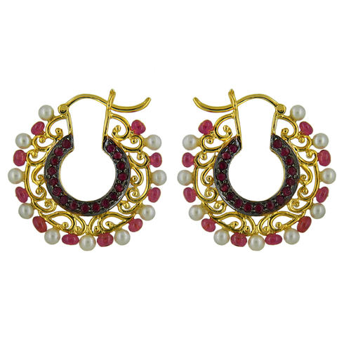 Ruby diamond and gold filigree inspired traditional double-sided hoops