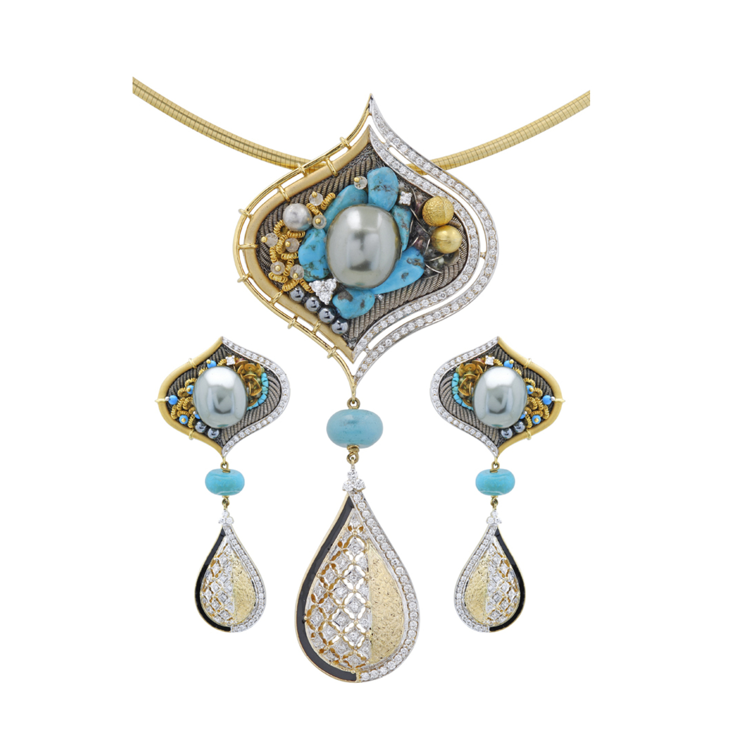 Ornate pendant sets, where clusters of gemstones artistically juxtaposed with gold wires, using the art of embroidery and jewel making.