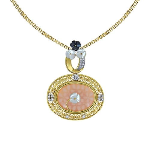Gold floral filigree pendant with diamonds and mother of pearl flowers, with changeable centre gem