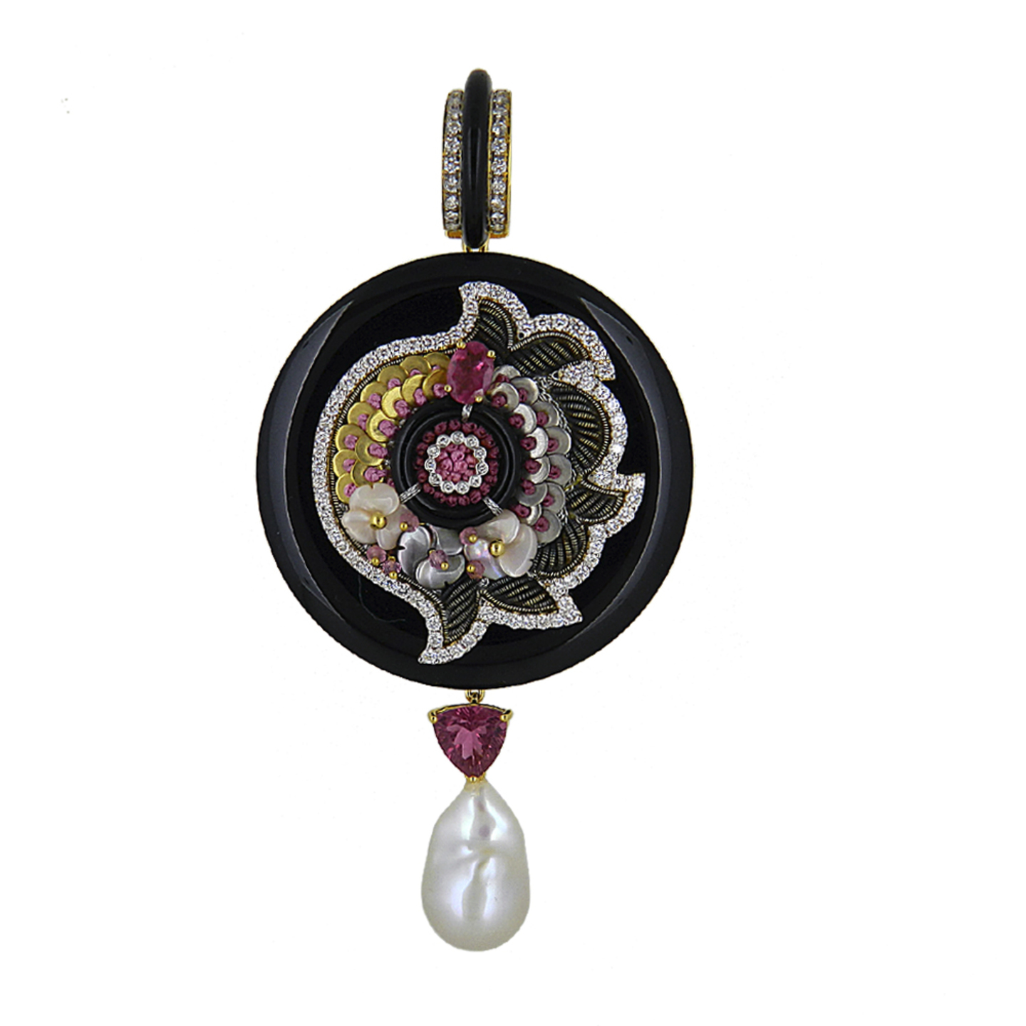 An opulent circular pendant set in pink and black combination crafted using precious gold sequins and wires embellished with gemstones and diamonds