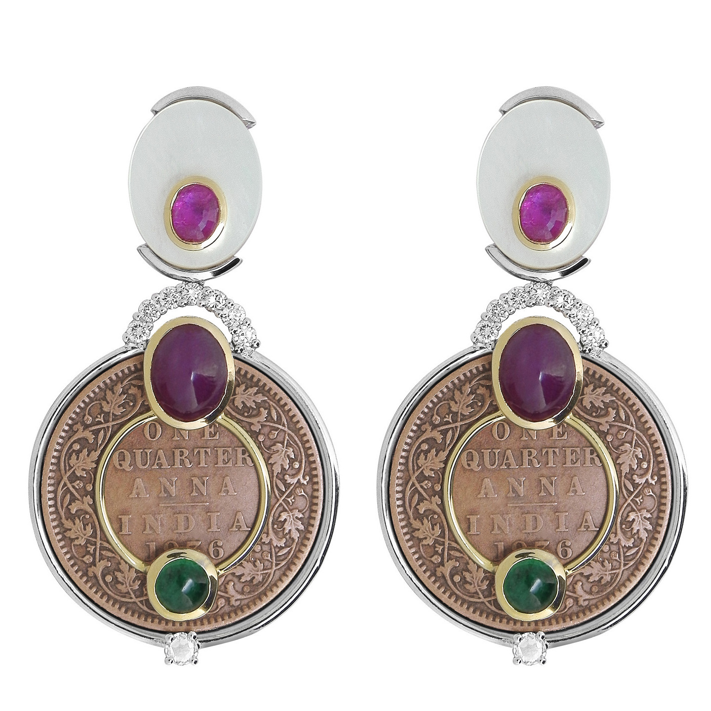 Impressive copper coin earrings in mix metal and gemstones