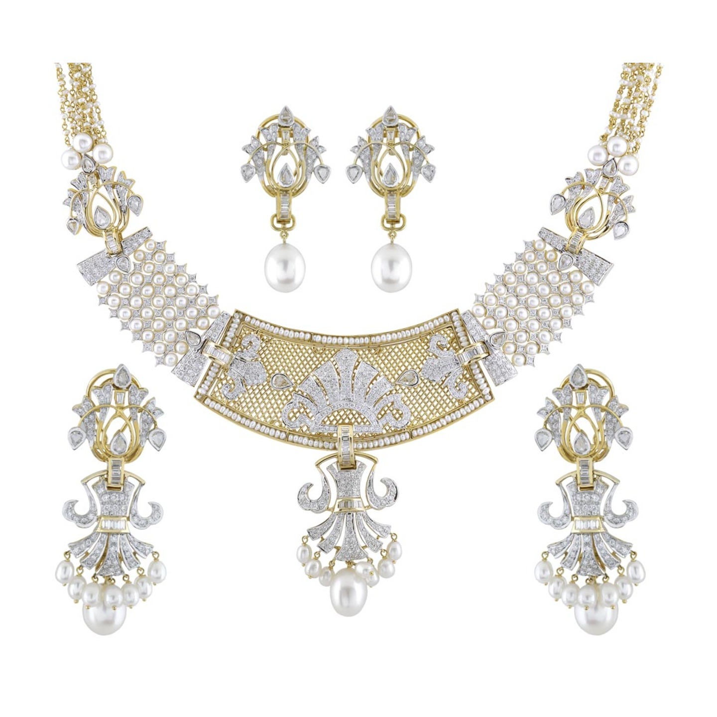 A Grand traditional yet delicate pearl diamond parure with multi functional wearability
