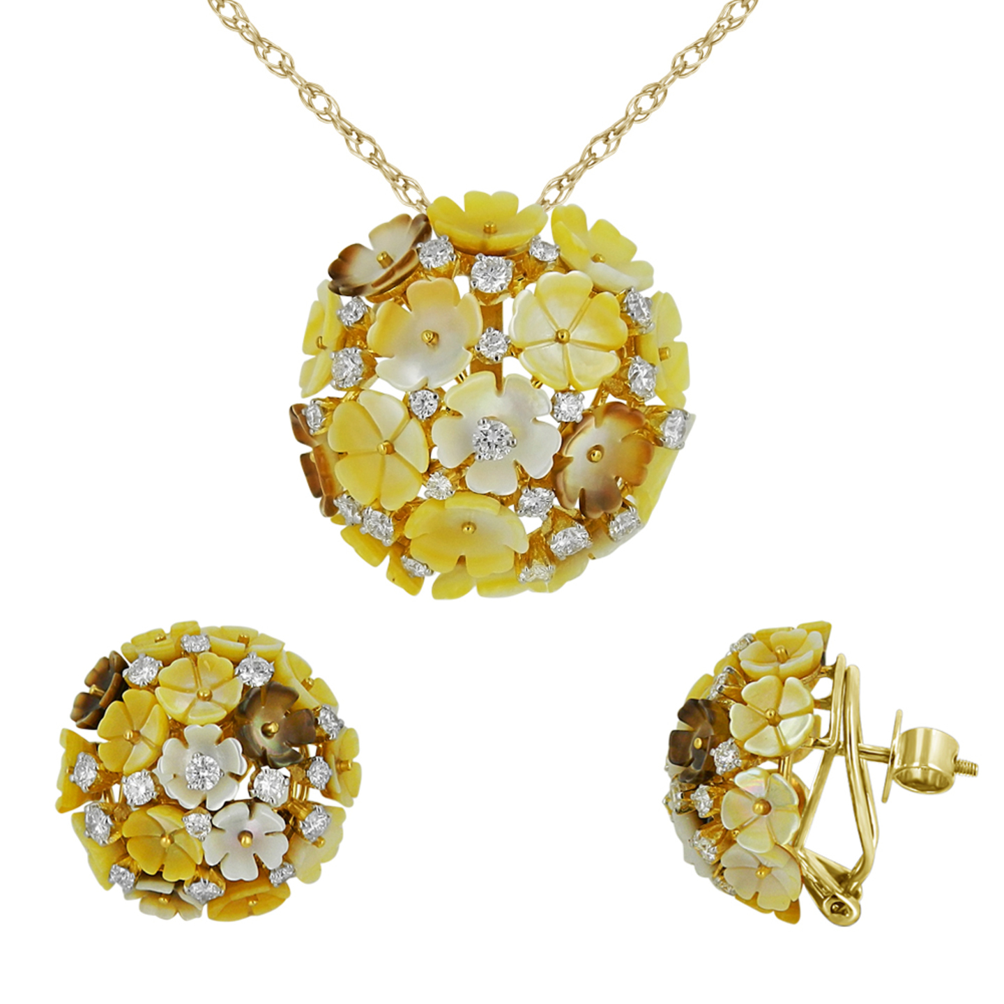 A pair of beautiful floral mother of pearl tops and matching pendant that doubles up as a cocktail ring