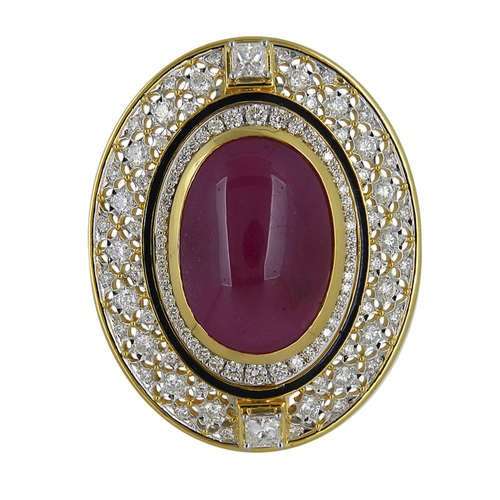 A Classic diamond filigree pendant with a large centre ruby cabochon