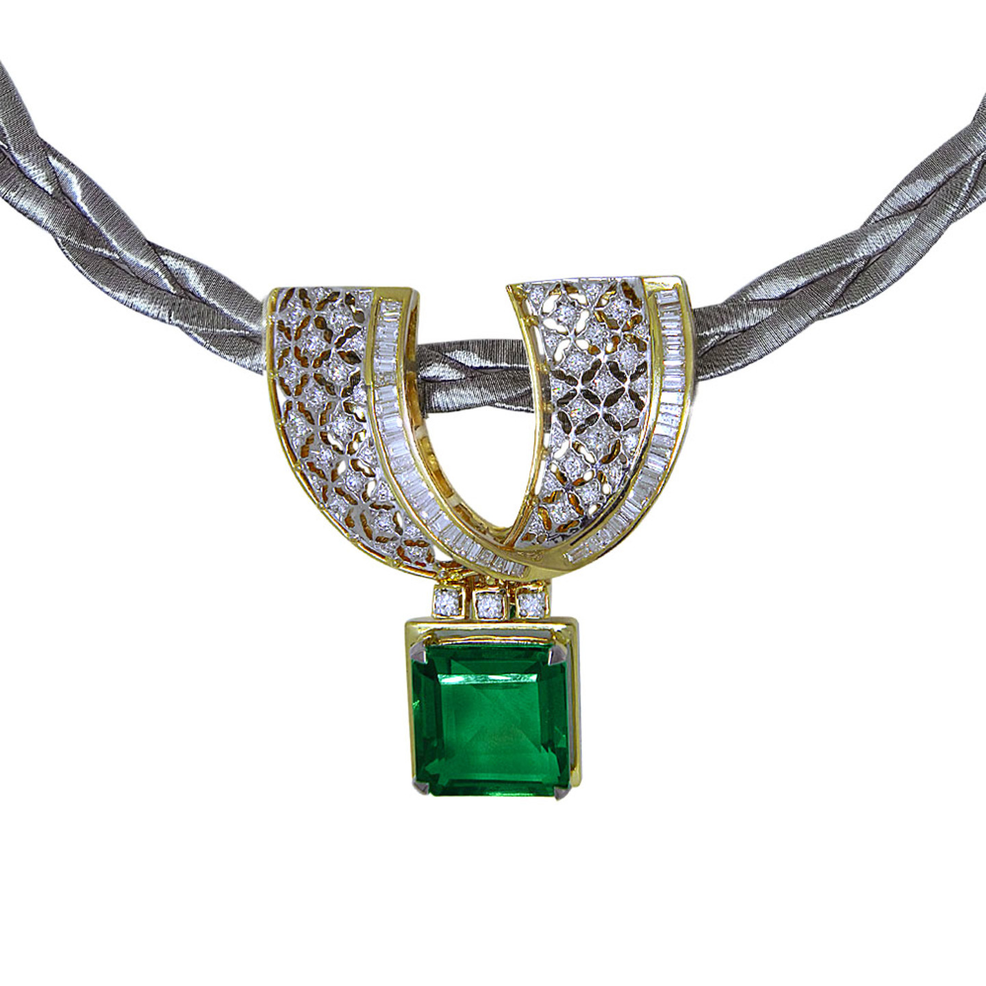 Gold and diamond fine lattice work pendant set with a beautiful green Tourmaline square drop