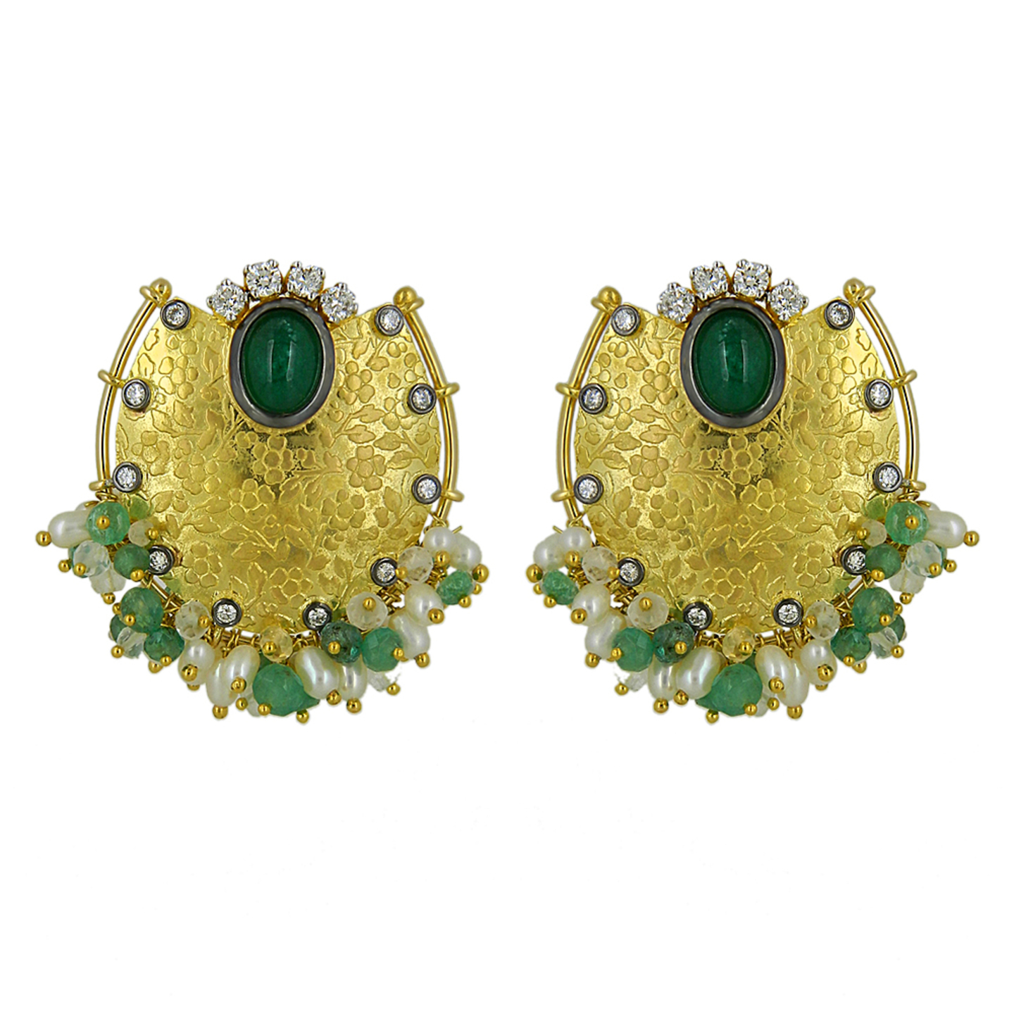 Remarkable large gold textured earrings, contrasted with tiny gem beads