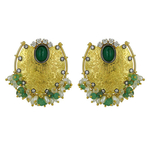 Remarkable large gold textured earrings, contrasted with tiny gem beads