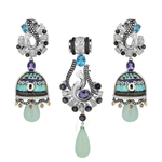 A pair of diamond gemstone, multi functional earrings with removable chandelier drops ,made by embroidering beads and gold wires on silk.