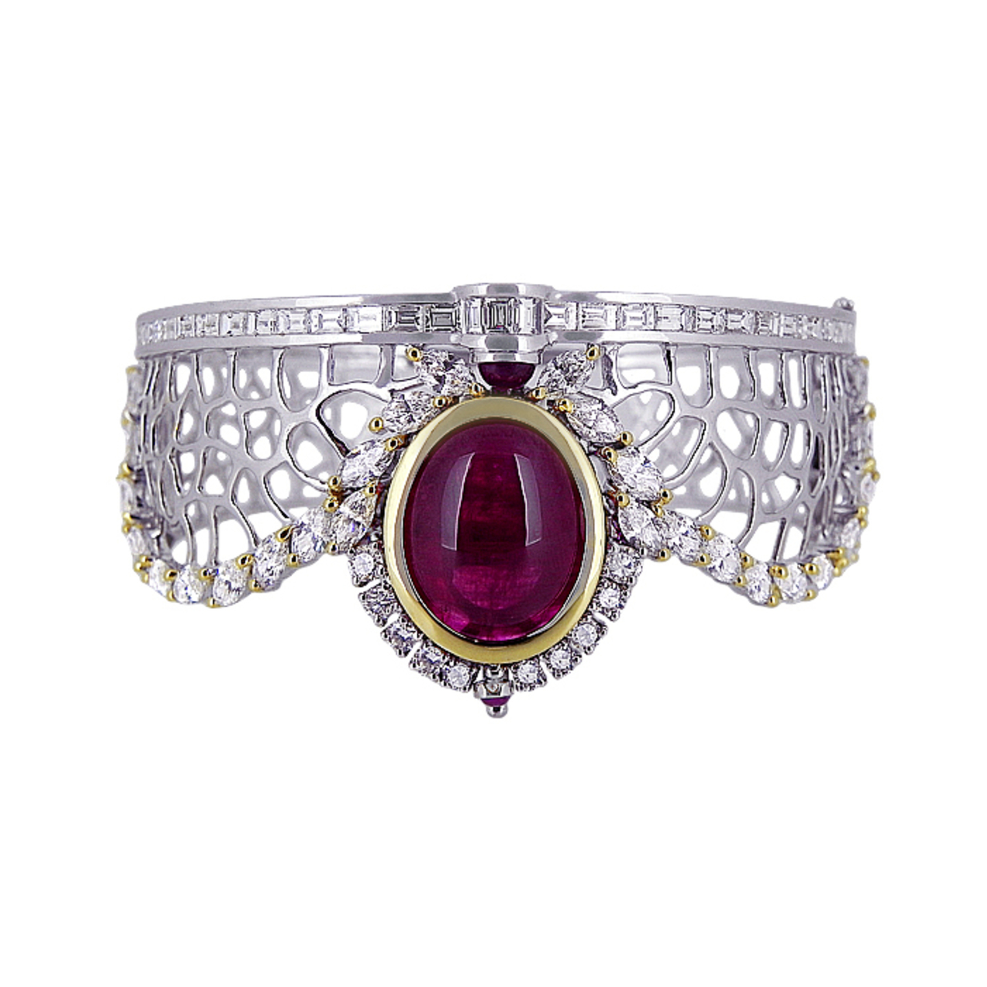 Broad Gold lattice work bracelets adorned with striking centre gem surrounded with diamonds