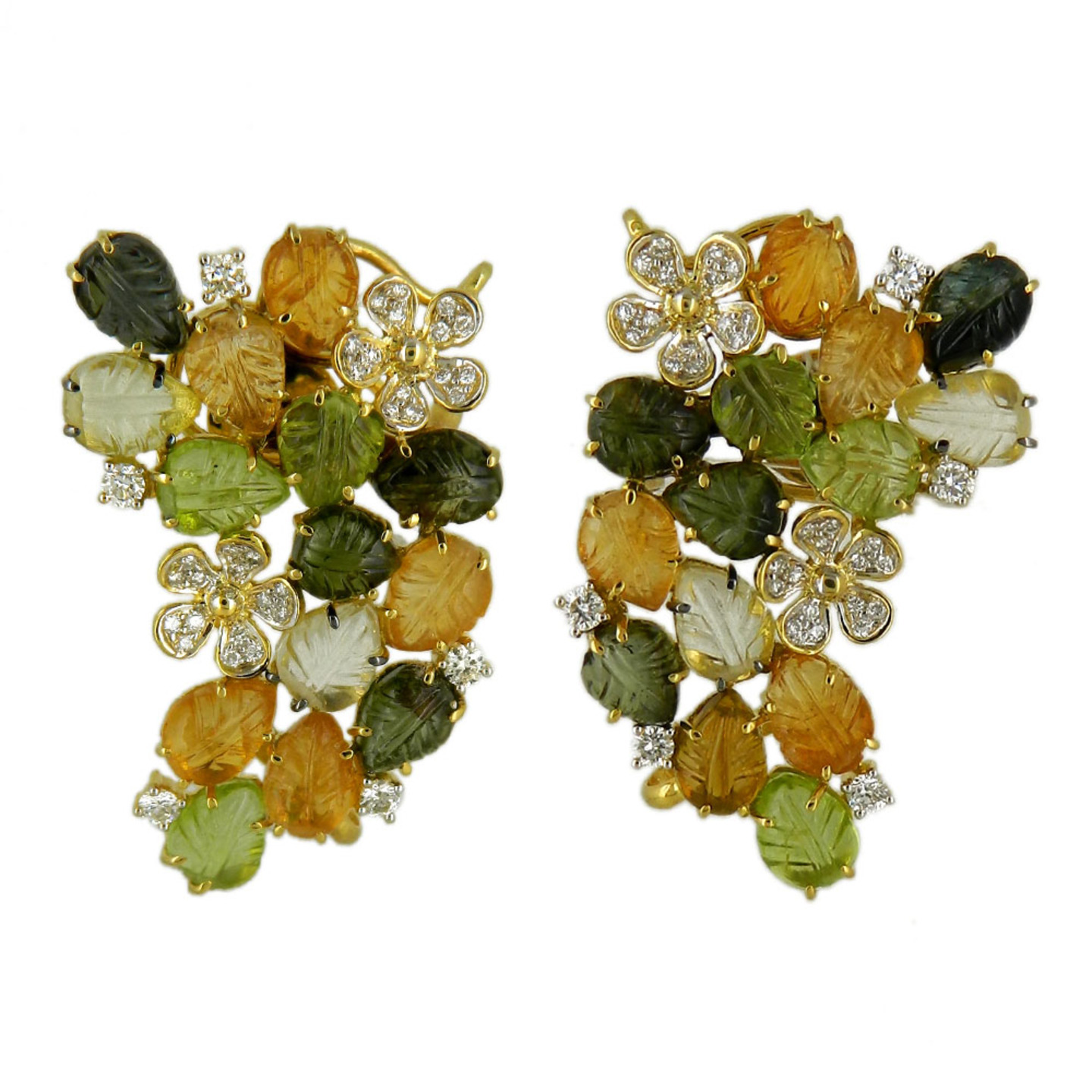 A stunning pair of multi tourmaline citrine leaf shaped gemstone cluster earrings, with diamonds
