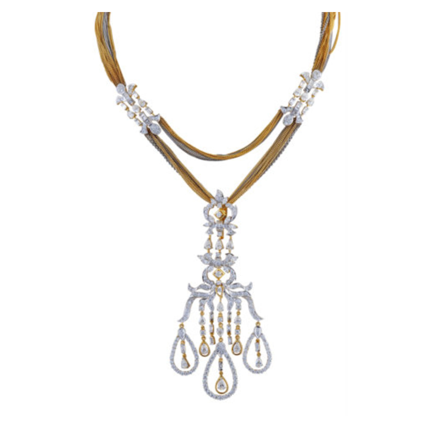 An Elegant yet elaborate diamond pendant necklace in muti hued cluster chains