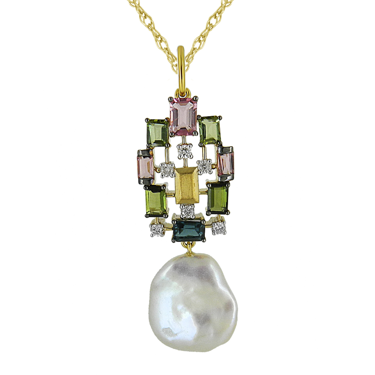 A symmetric multi tourmaline pendant set and matching earrings with Keshi baroque pearl drops