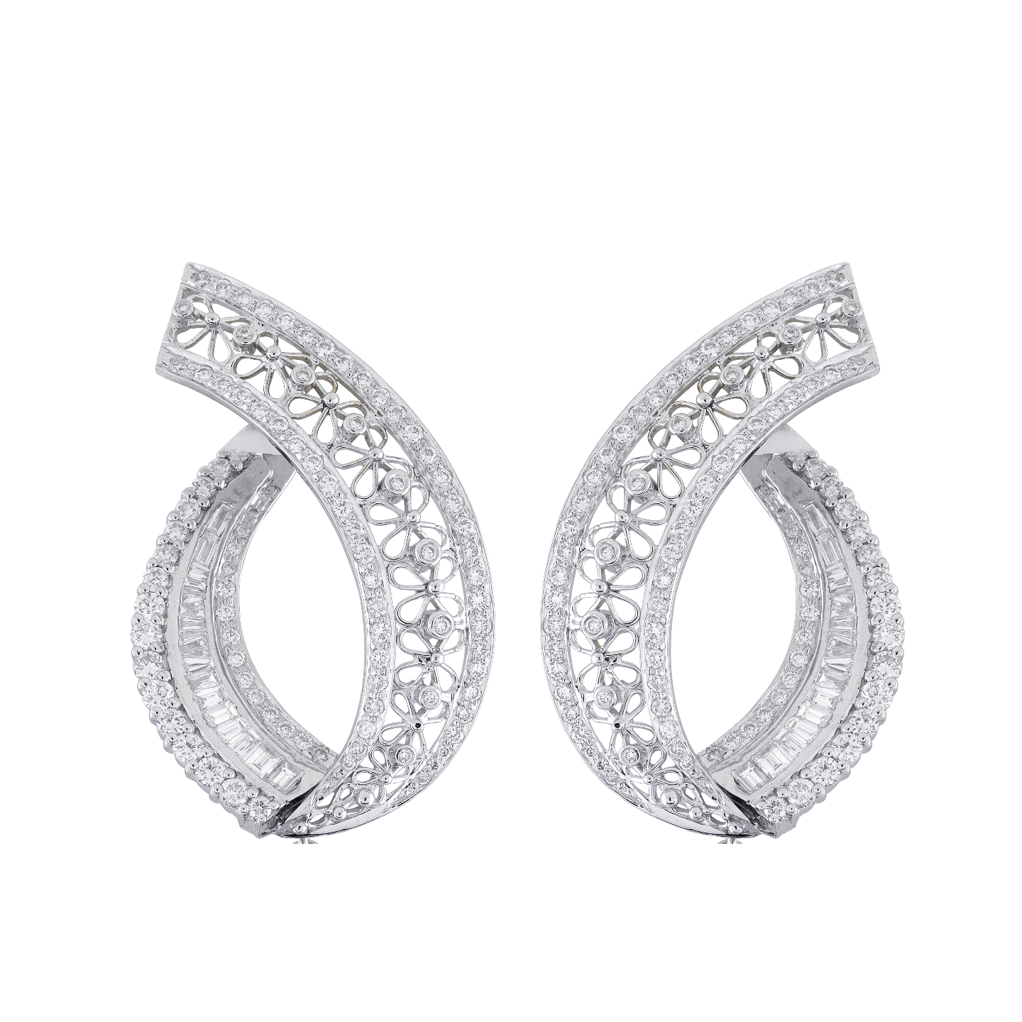 A stunning pair of floral filigree earings studded with rows of glitering diamonds in white gold