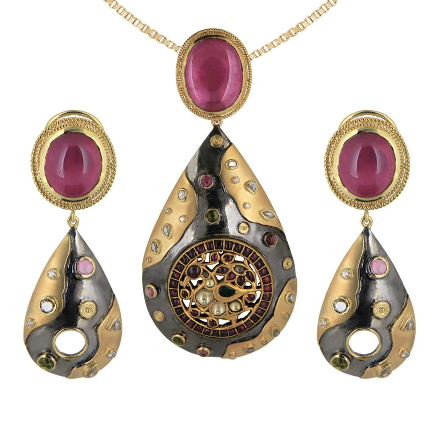 A prominent bold textured Gold and Silver pendant set, studded with colourful gems