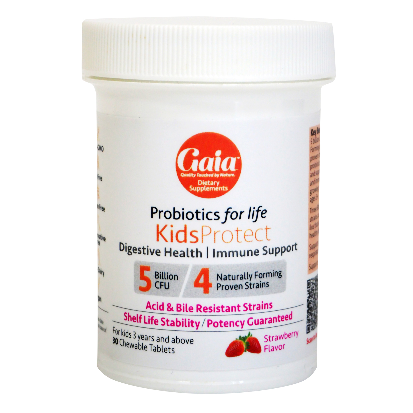 Probiotics For Life by Gaia  Kids Protect Strawberry flavor5 billion CFUs 4 Strains 30 Chewable tablets