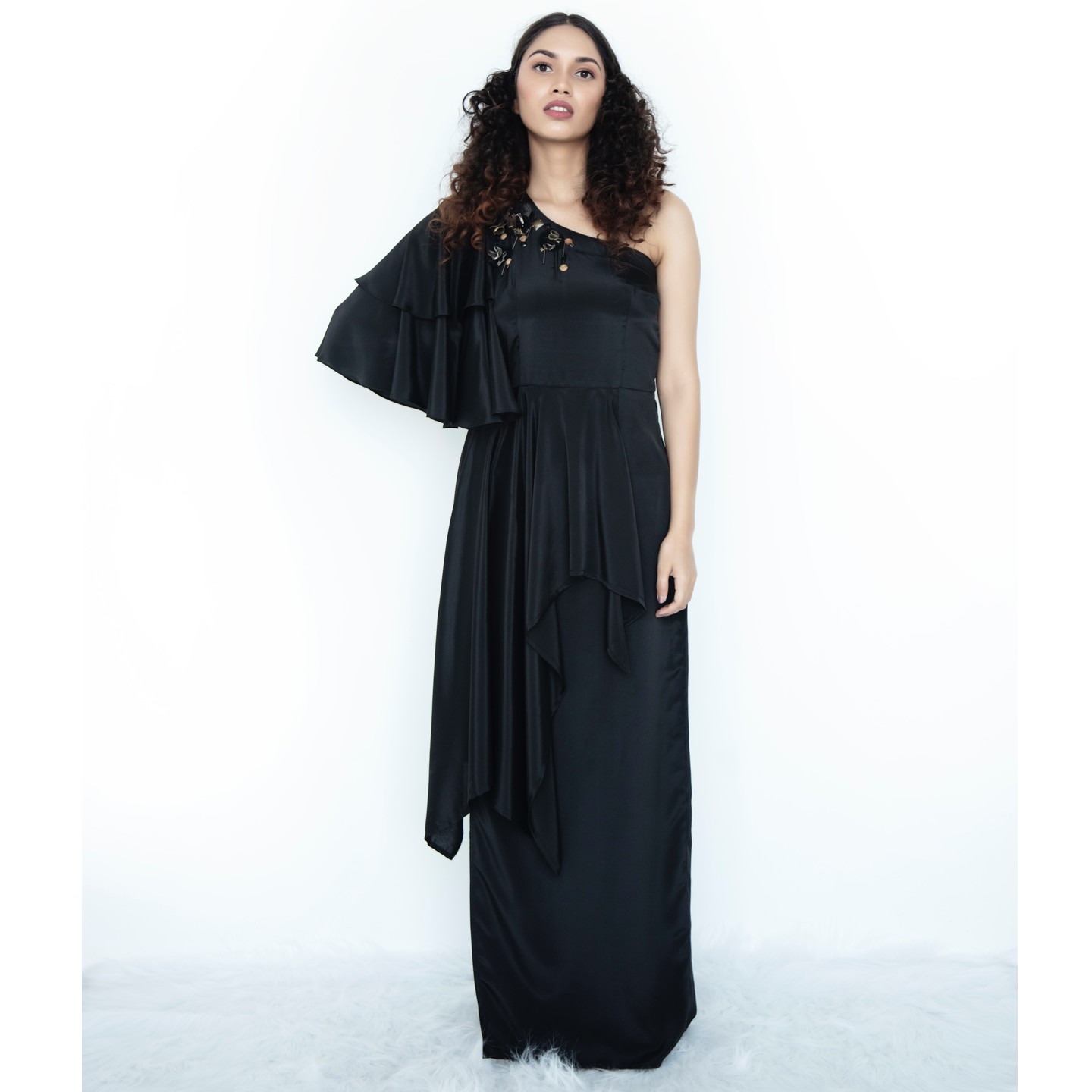 One shoulder maxi dress with flared drapes