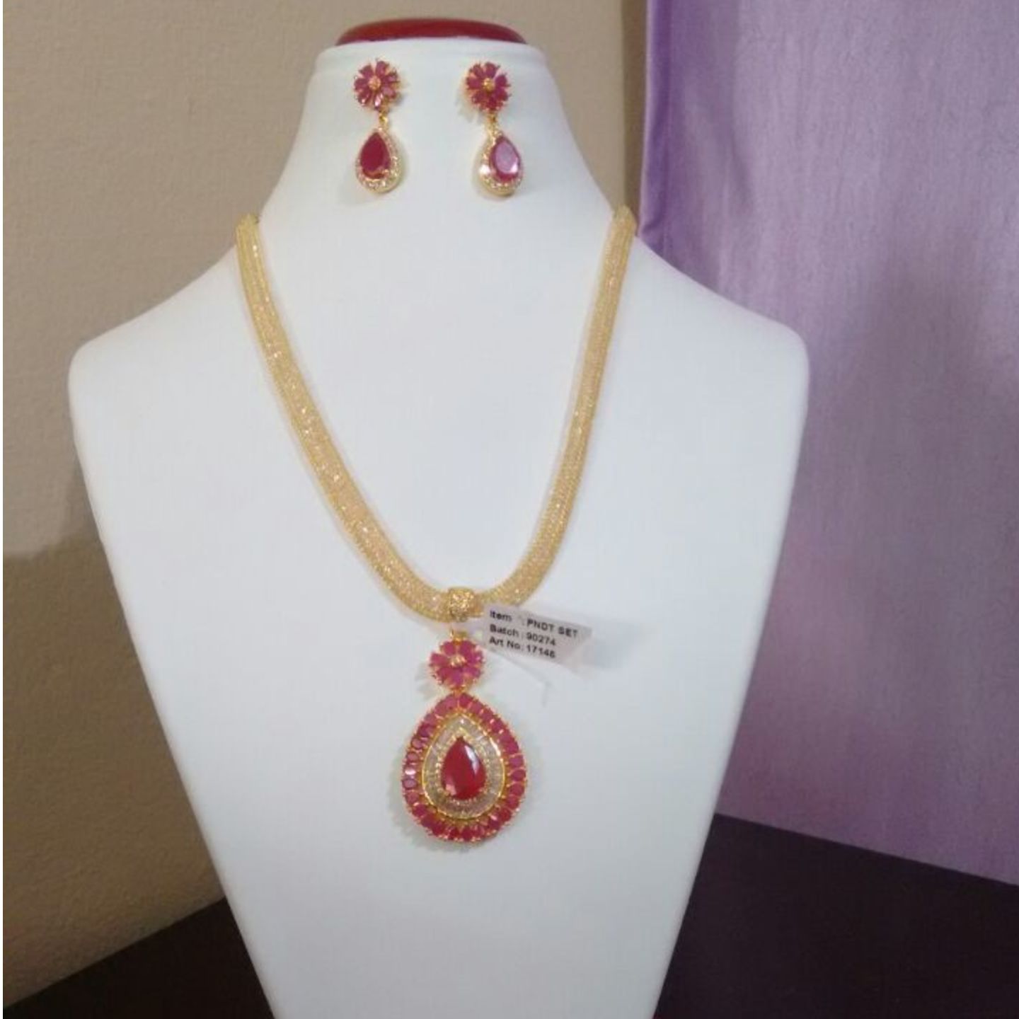 Chain with Locket & Ear Rings-  Ruby , CZ stones