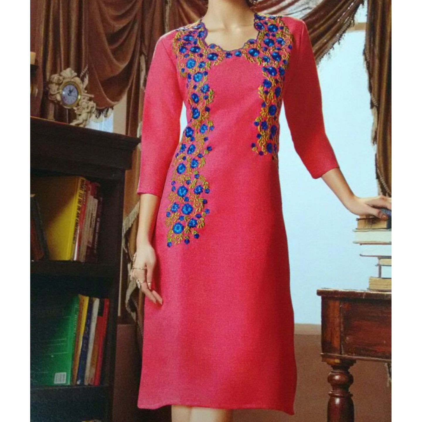 Linan cotton short length kurthi , 3/4 sleeve with contrast   thread work 