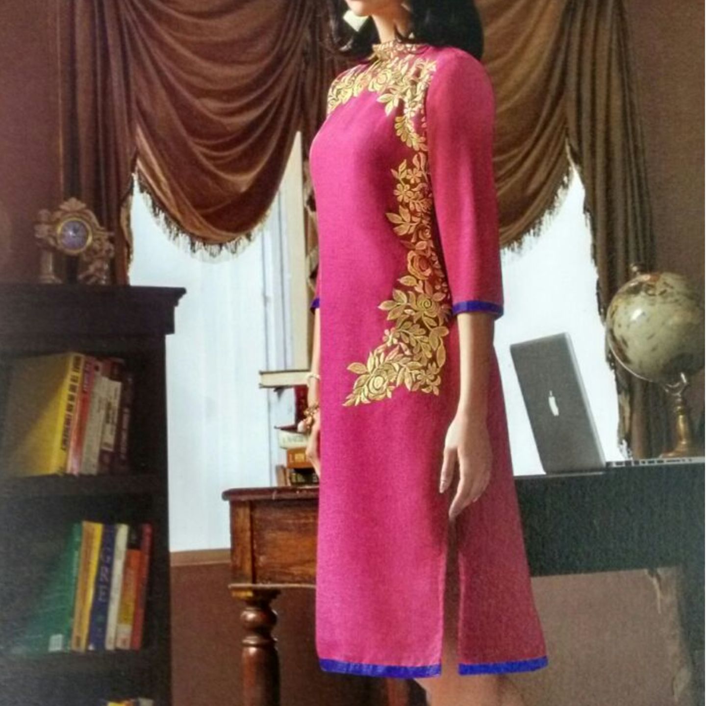 Linan cotton short length kurthi , 3/4 sleeve with Chinese color gold color thread work 