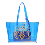 Front view of the JEWEL transparent blue PVC tote bag with removable pouch inside