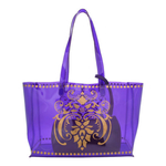 Front view of JEWEL transparent purple PVC tote bag with pouch inside