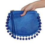 Front view of CHARMAINE round blue clutch bag with pearls