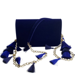 Front view of TASSIE royal blue velvet crossbody bag with tassels