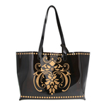 Front view of JEWEL transparent black PVC tote bag with pouch inside