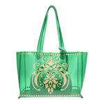 Front view of the JEWEL transparent green PVC tote bag with removable pouch inside