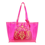 Front view of JEWEL transparent pink PVC tote bag with pouch inside