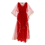 Front view of JEWEL red kaftan resort maxi dress set