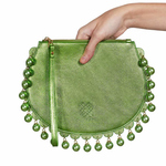 Front view of CHARMAINE round green clutch bag with pearls