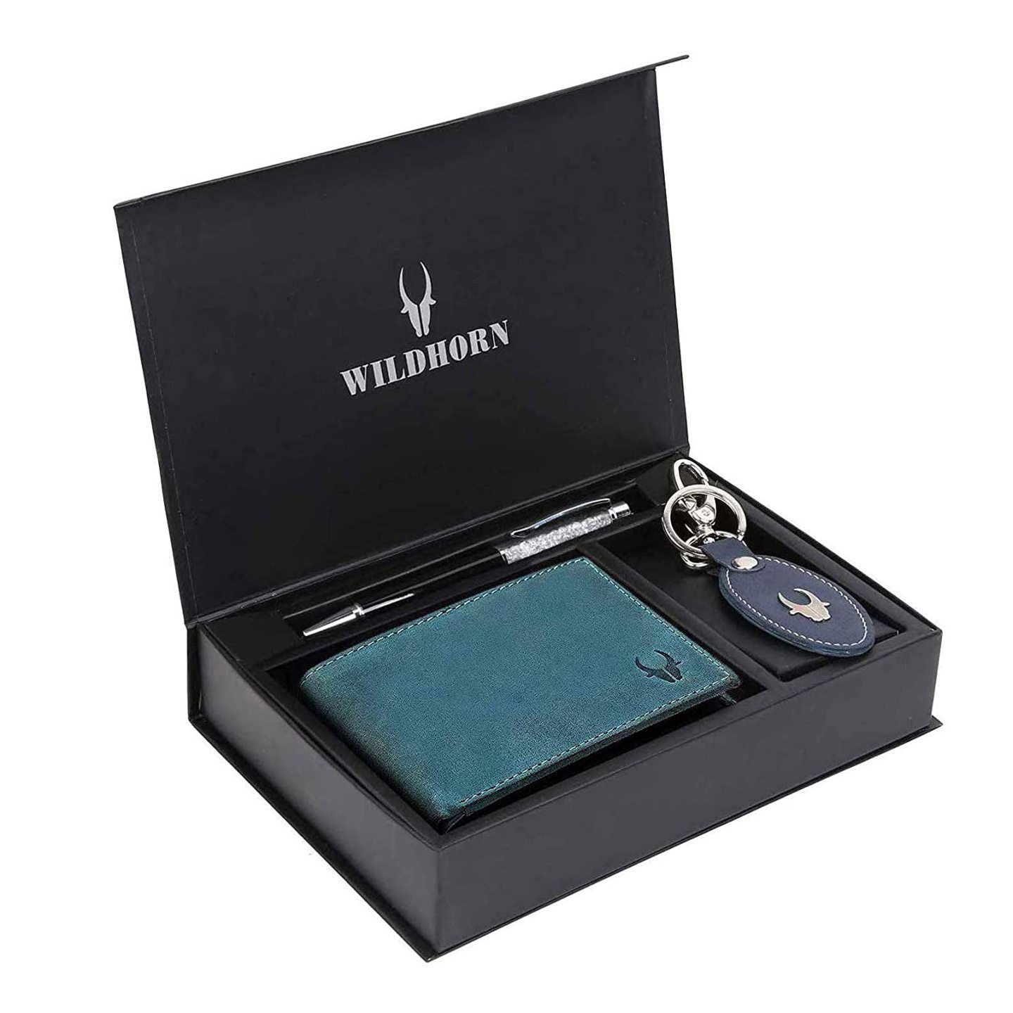 WILDHORN  Mens RFID Protected Genuine Leather Wallet Keychain and Pen Combo Blue Hunter