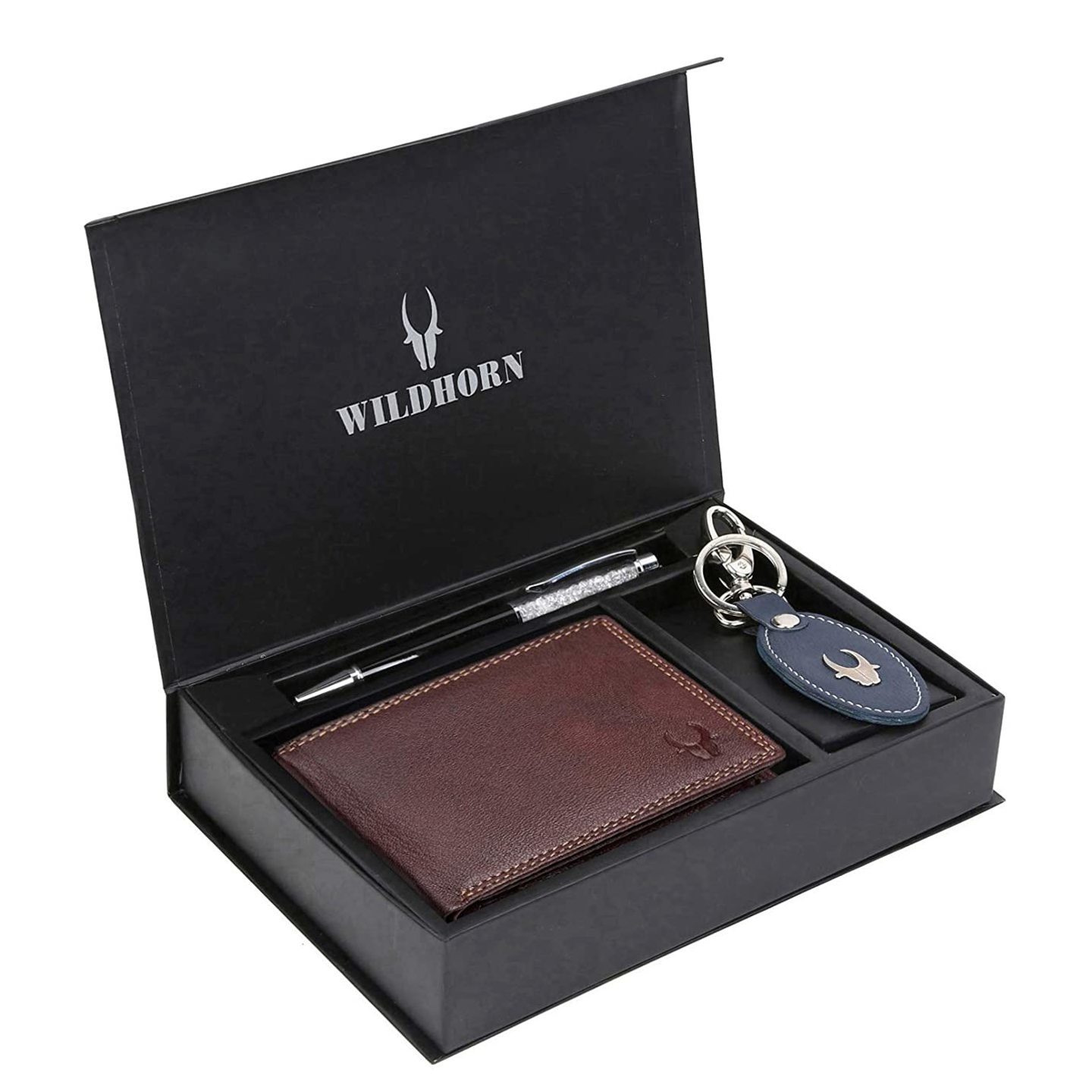 WILDHORN  Mens RFID Protected Genuine Leather Wallet Keychain and Pen Combo Mahroon