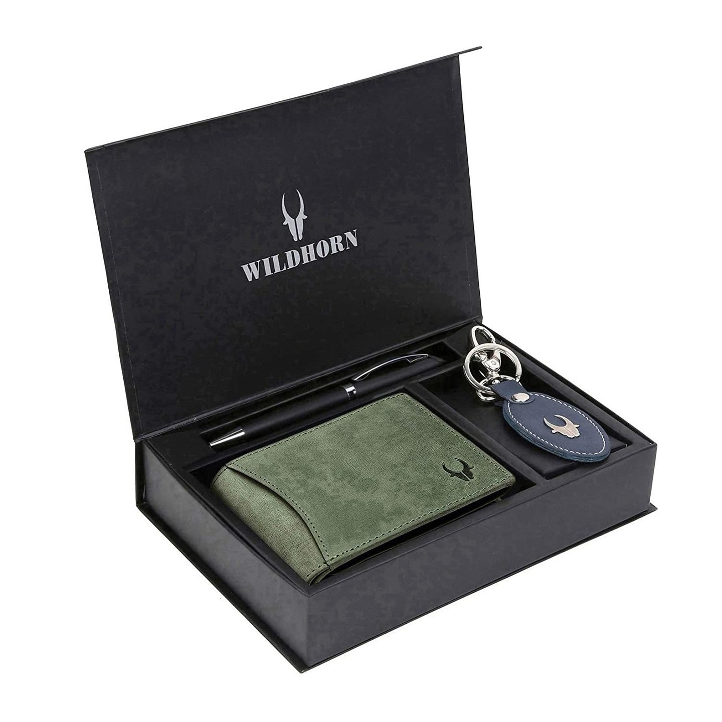 WILDHORN  Mens RFID Protected Genuine Leather Wallet Keychain and Pen Combo Green Hunter