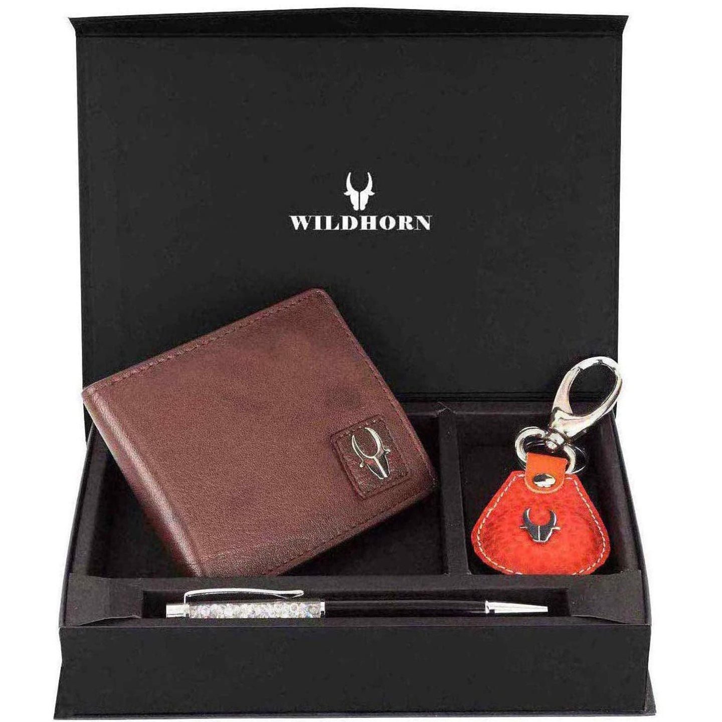 WILDHORN Leather Wallet Keychain & Pen Combo for Men I Gift Hamper