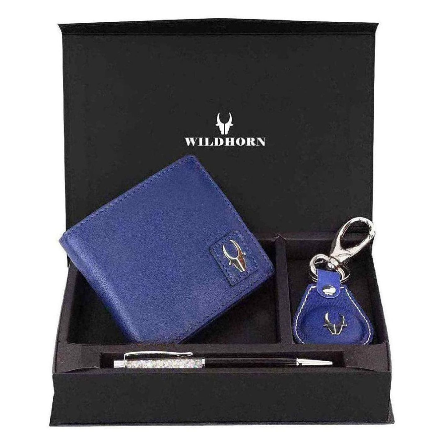 WILDHORN Leather Wallet Keychain & Pen Combo for Men I Gift Hamper Blue