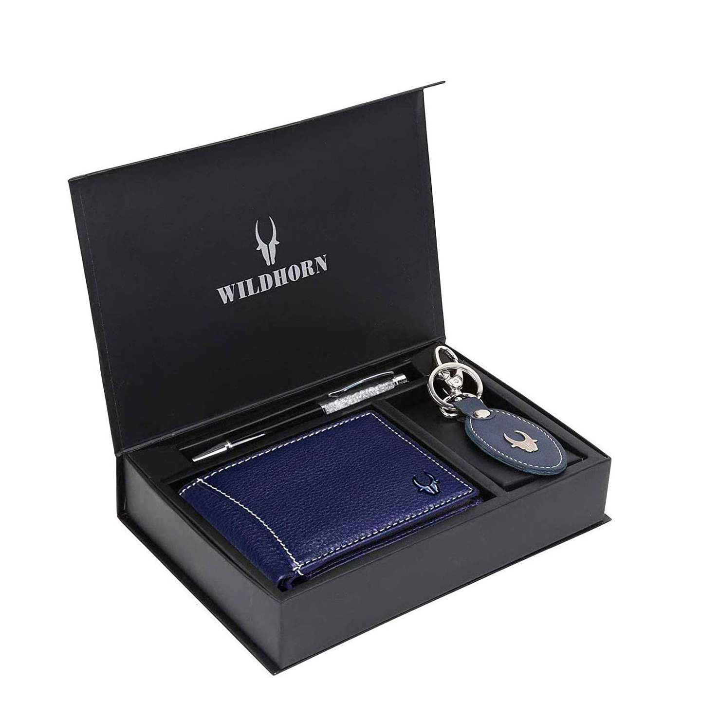 WILDHORN  Mens RFID Protected Genuine Leather Wallet Keychain and Pen Combo Blue