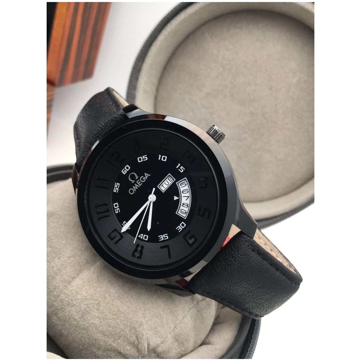 OMEGA Men's Leather Strap Watch (With Day, Date)