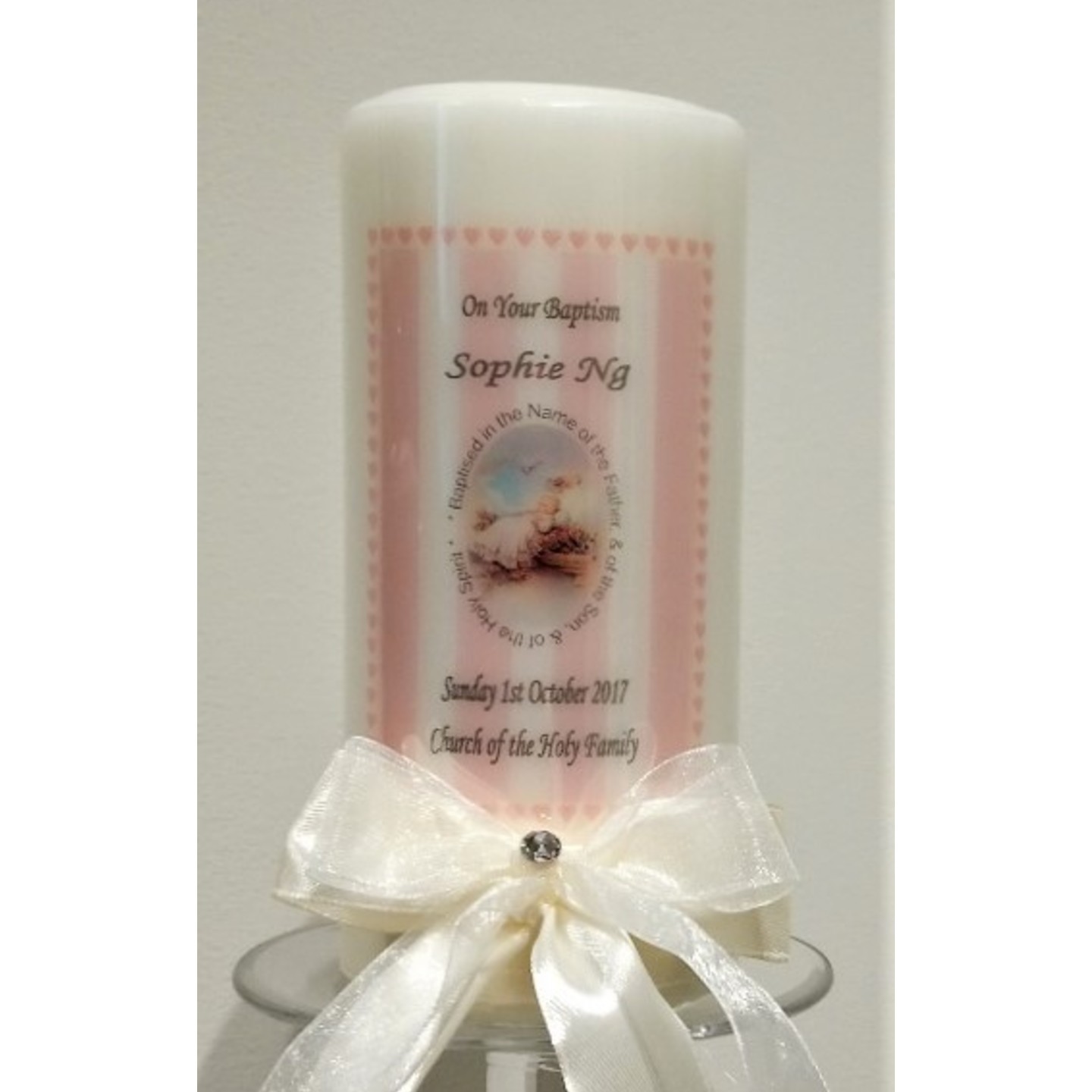 Personalized Baby Girl Baptism/Christening Candle - Pink Stripes (SMGBAP2017-005)